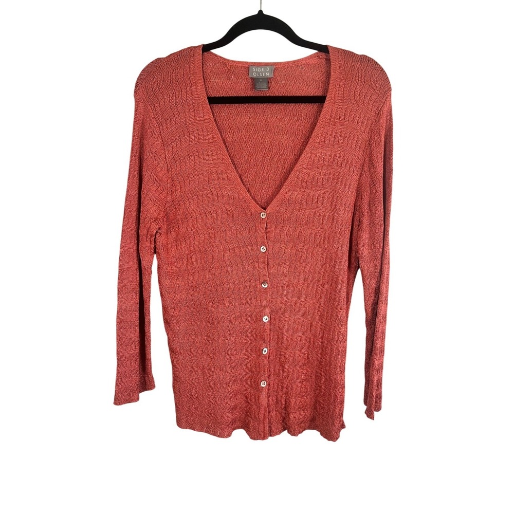 Sigrid Olsen Knit Cardigan Sweater Red XL Neutral Minimalist Preppy Parisan Chic